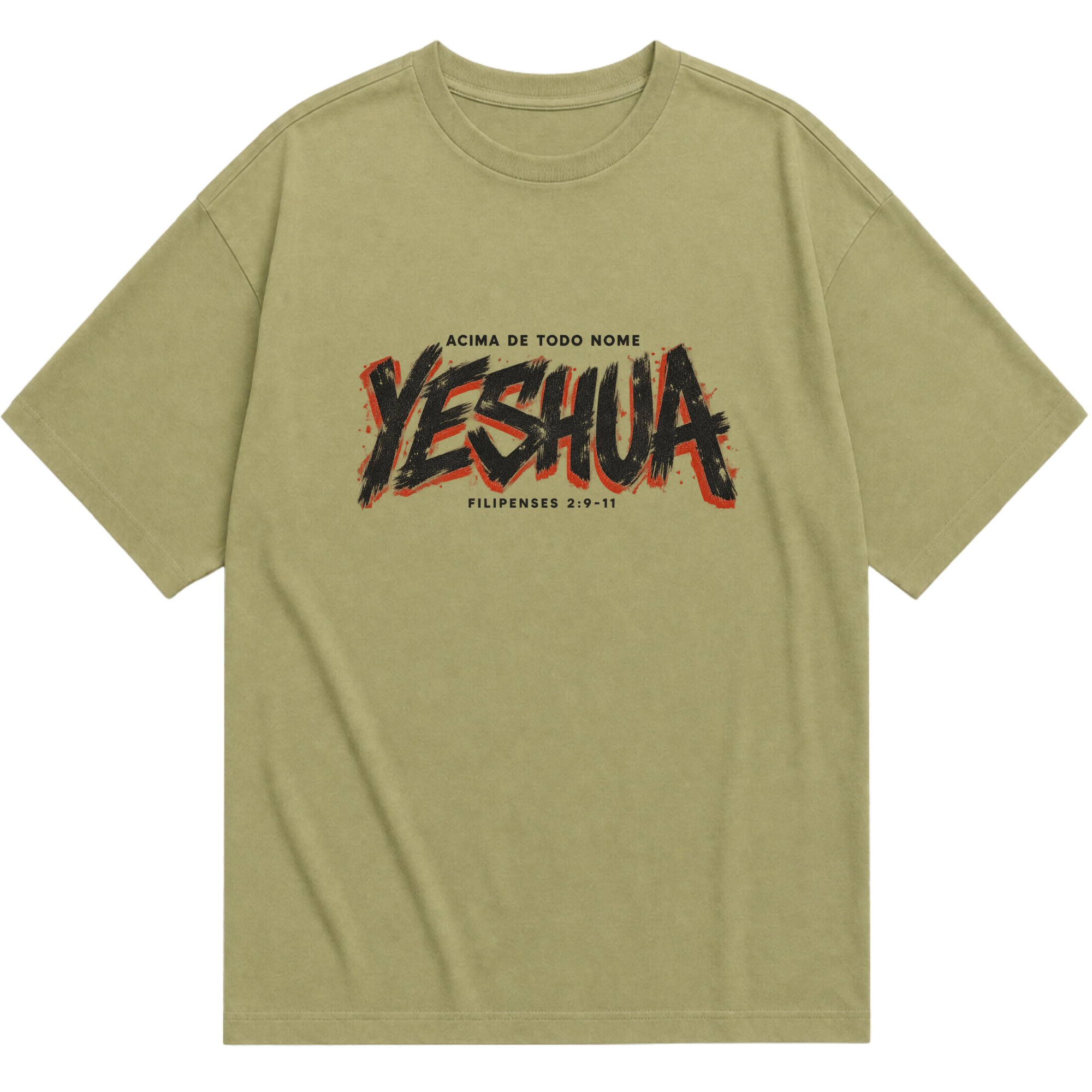 Camiseta oversized verde musgo Yeshua, Acima de Todo Nome, com estampa frontal