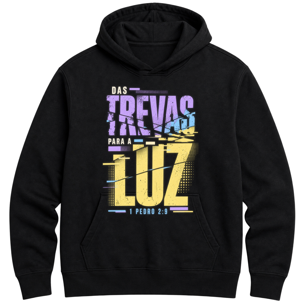 Moletom Hoodie Das Trevas para a Luz — Hoodie Essential unissex, estampa frente e/ou costas, visual 2 de 3