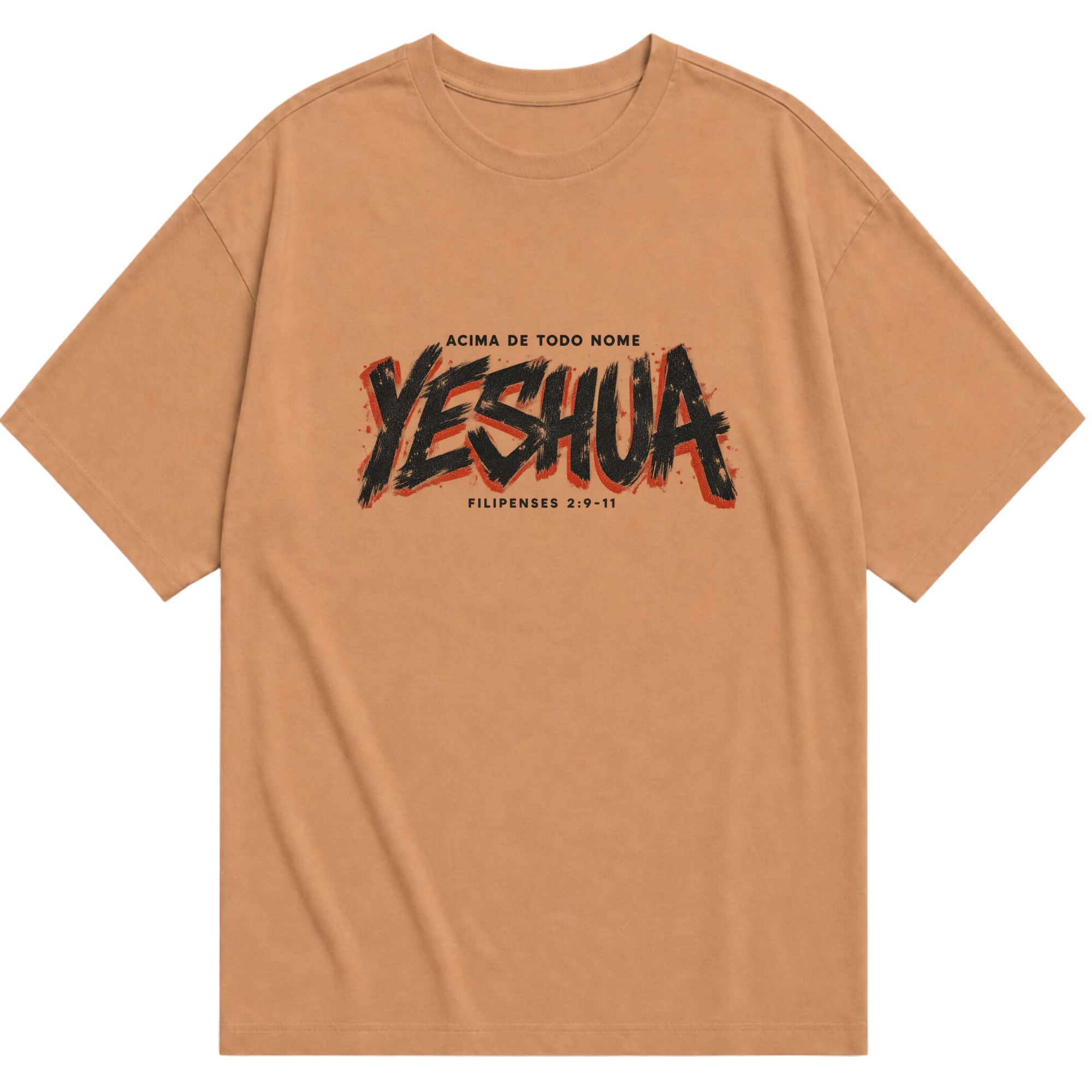 Camiseta oversized caramelo Yeshua, Acima de Todo Nome, com estampa frontal
