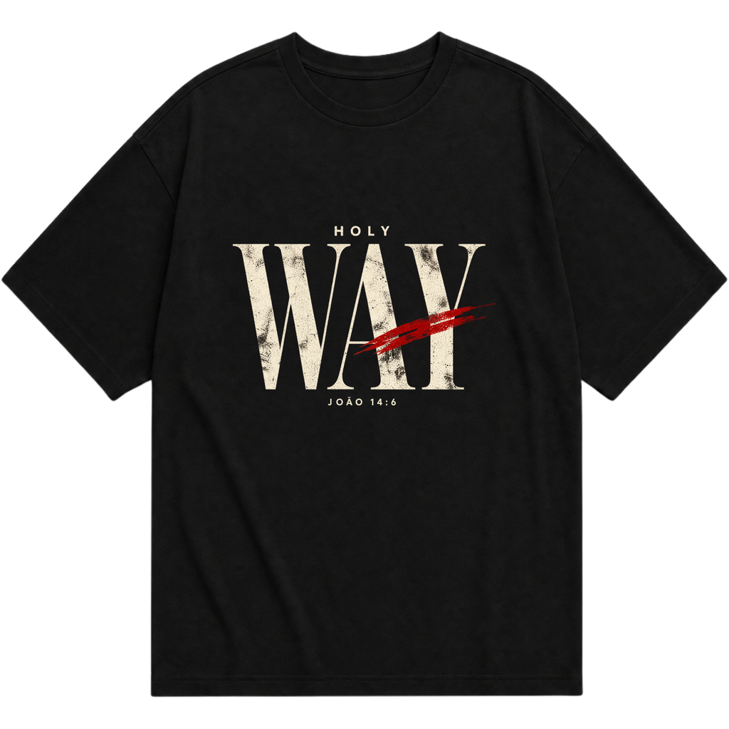 Camiseta oversized preta HOLY WAY com estampa frontal e referência João 14:6