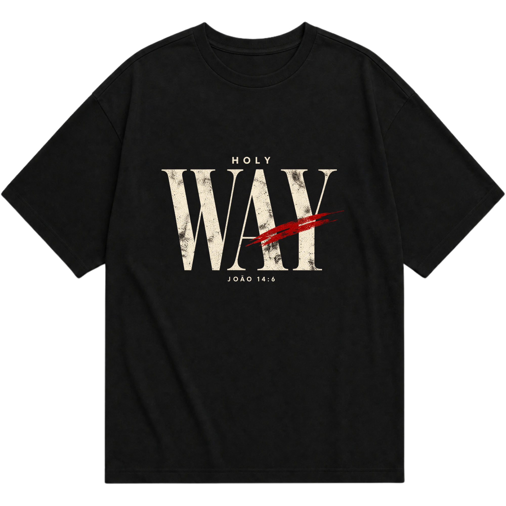 Camiseta oversized preta HOLY WAY com estampa frontal e referência João 14:6