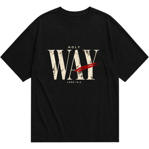 Camiseta oversized preta HOLY WAY com estampa frontal e referência João 14:6