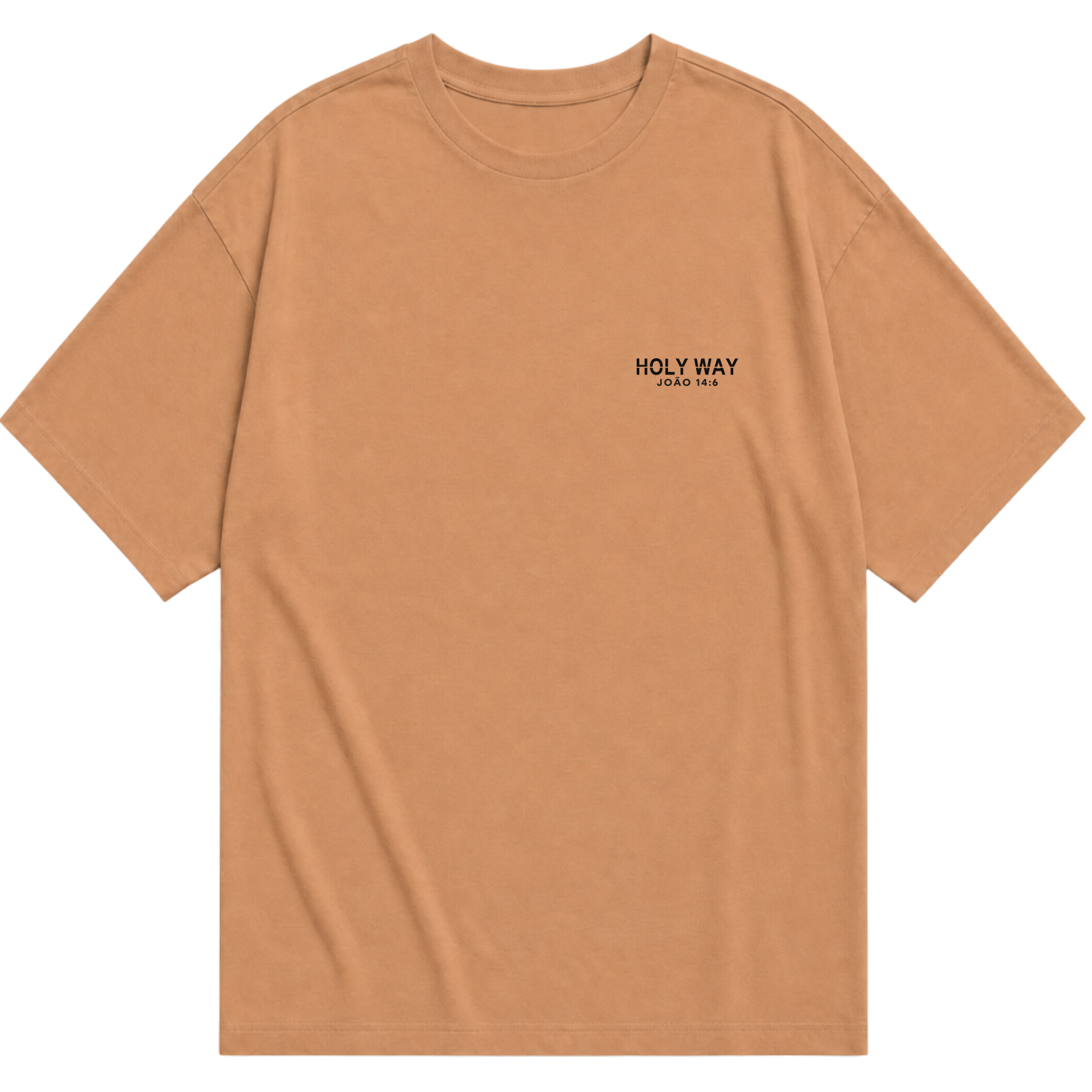 Frente da camiseta oversized caramelo O Caminho com logo HOLY WAY no peito
