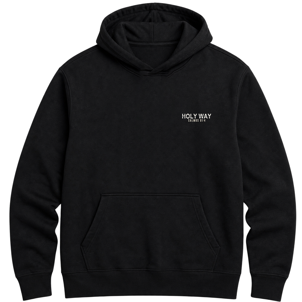 Moletom Hoodie Sob Suas Asas — Salmos 91:4 — Hoodie Essential unissex, estampa frente e/ou costas, visual 3 de 6