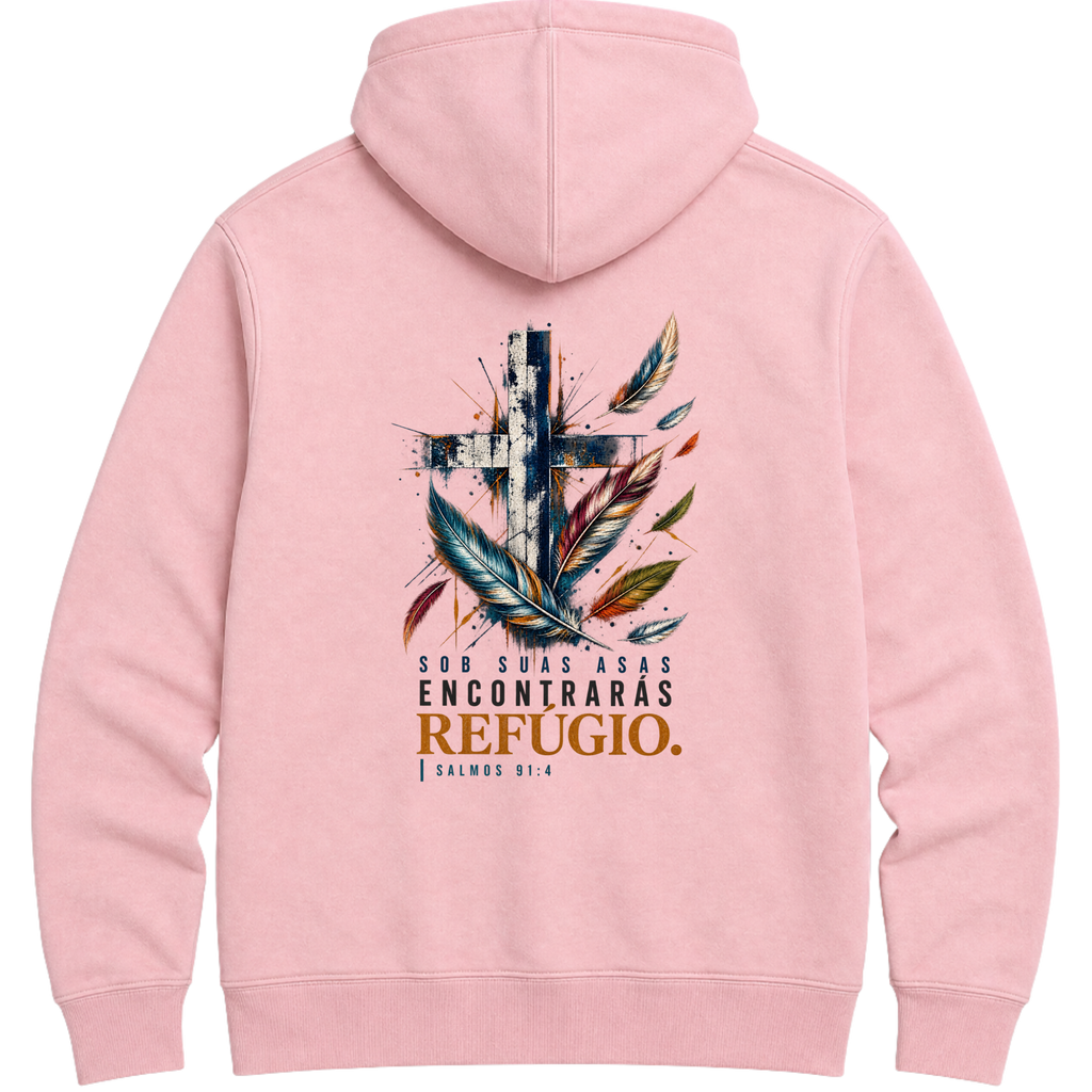 Moletom Hoodie Sob Suas Asas — Salmos 91:4 — Hoodie Essential unissex, estampa frente e/ou costas, visual 6 de 6