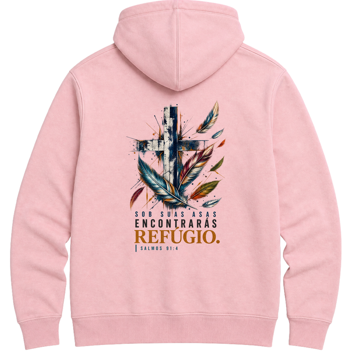 Moletom Hoodie Sob Suas Asas — Salmos 91:4 — Hoodie Essential unissex, estampa frente e/ou costas, visual 6 de 6