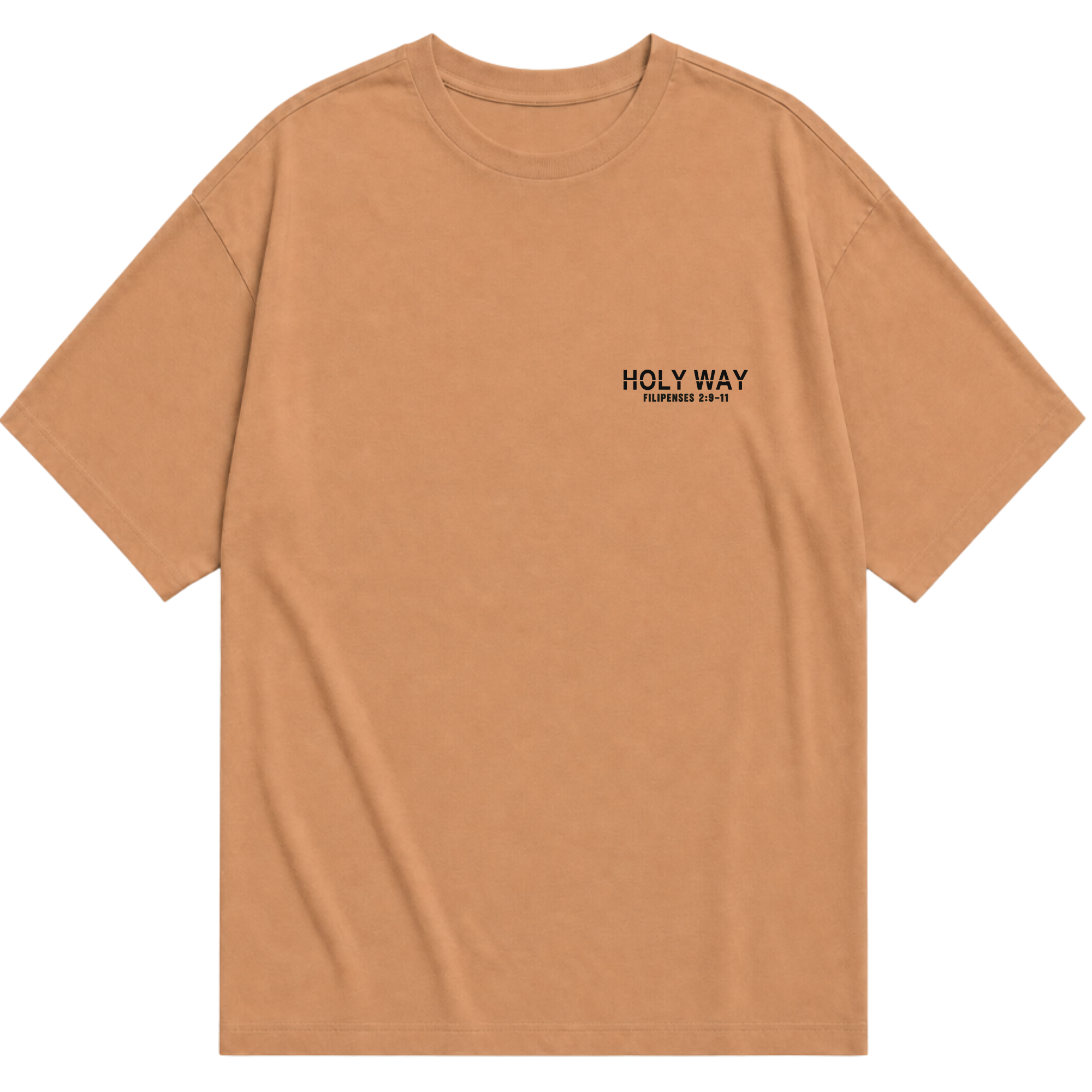Frente da camiseta oversized caramelo Yeshua com logo HOLY WAY no peito