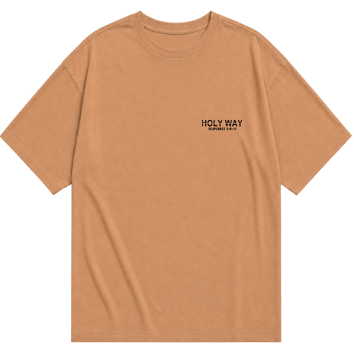 Frente da camiseta oversized caramelo Yeshua com logo HOLY WAY no peito