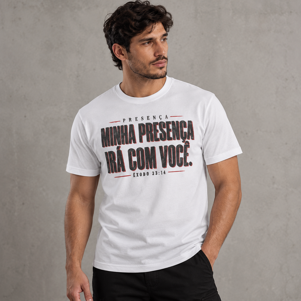 Camiseta Regular Minha Presença Irá com Você — Regular Essential unissex, visual 3 de 3