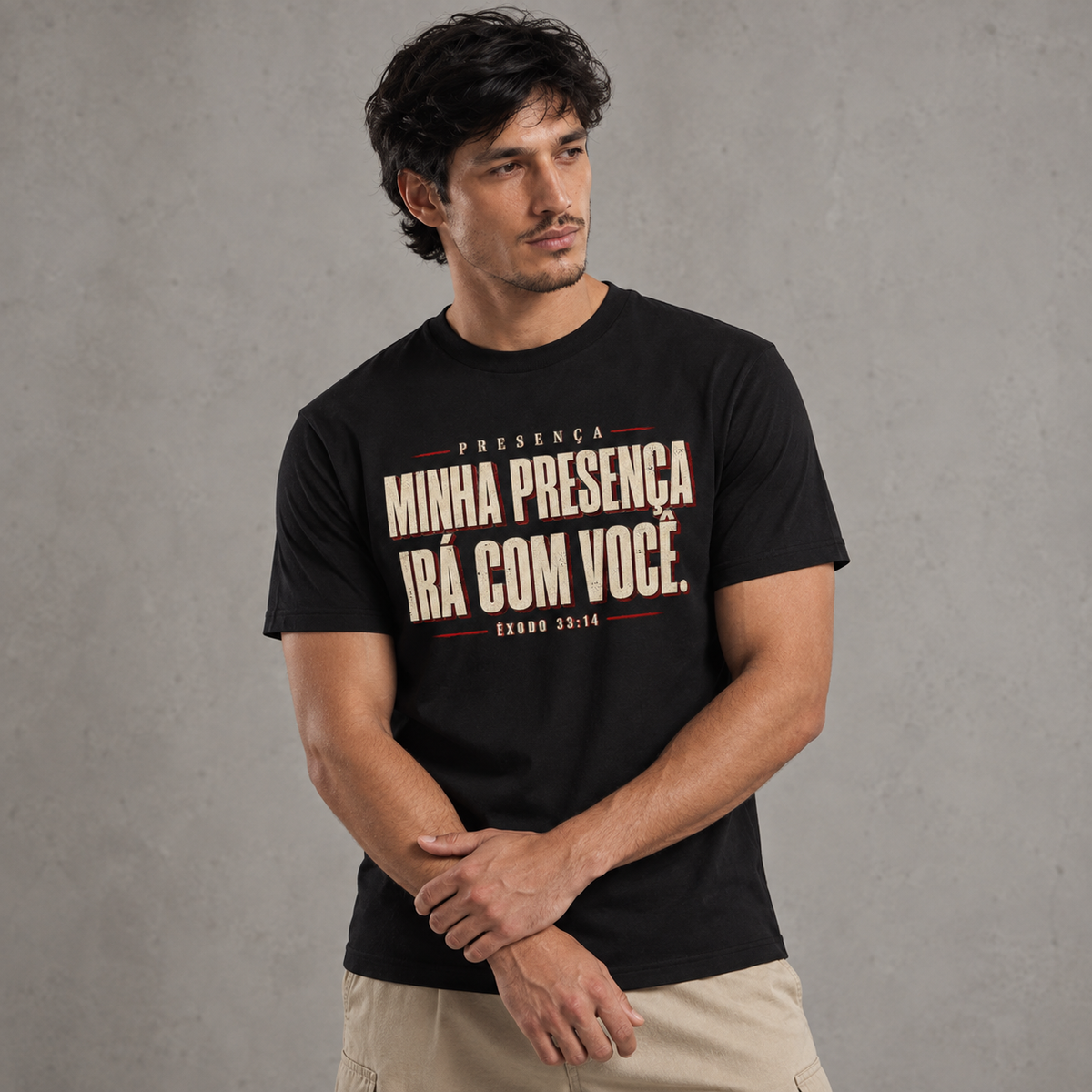 Camiseta Regular Minha Presença Irá com Você — Regular Essential unissex, visual 1 de 3