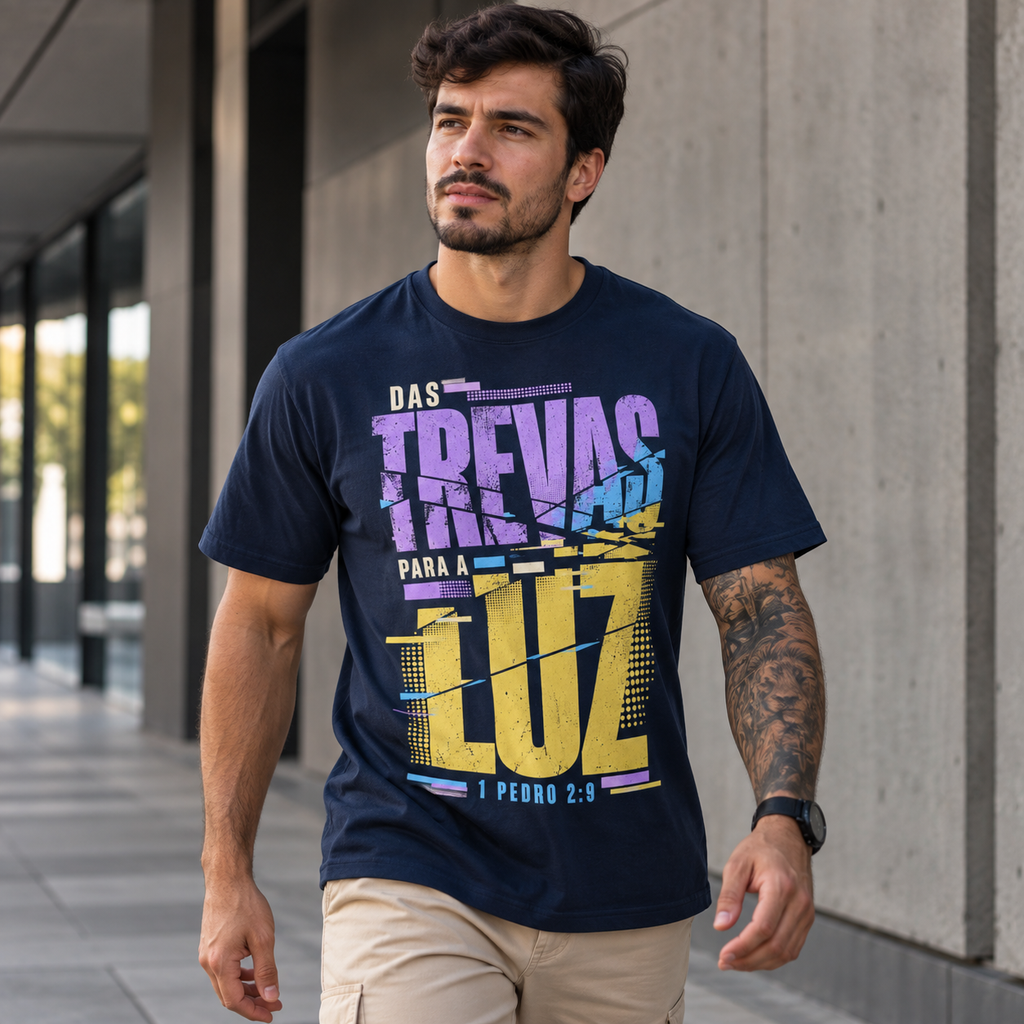 Camiseta Regular Das Trevas para a Luz — 1 Pedro 2:9 — Regular Essential unissex, visual 2 de 4