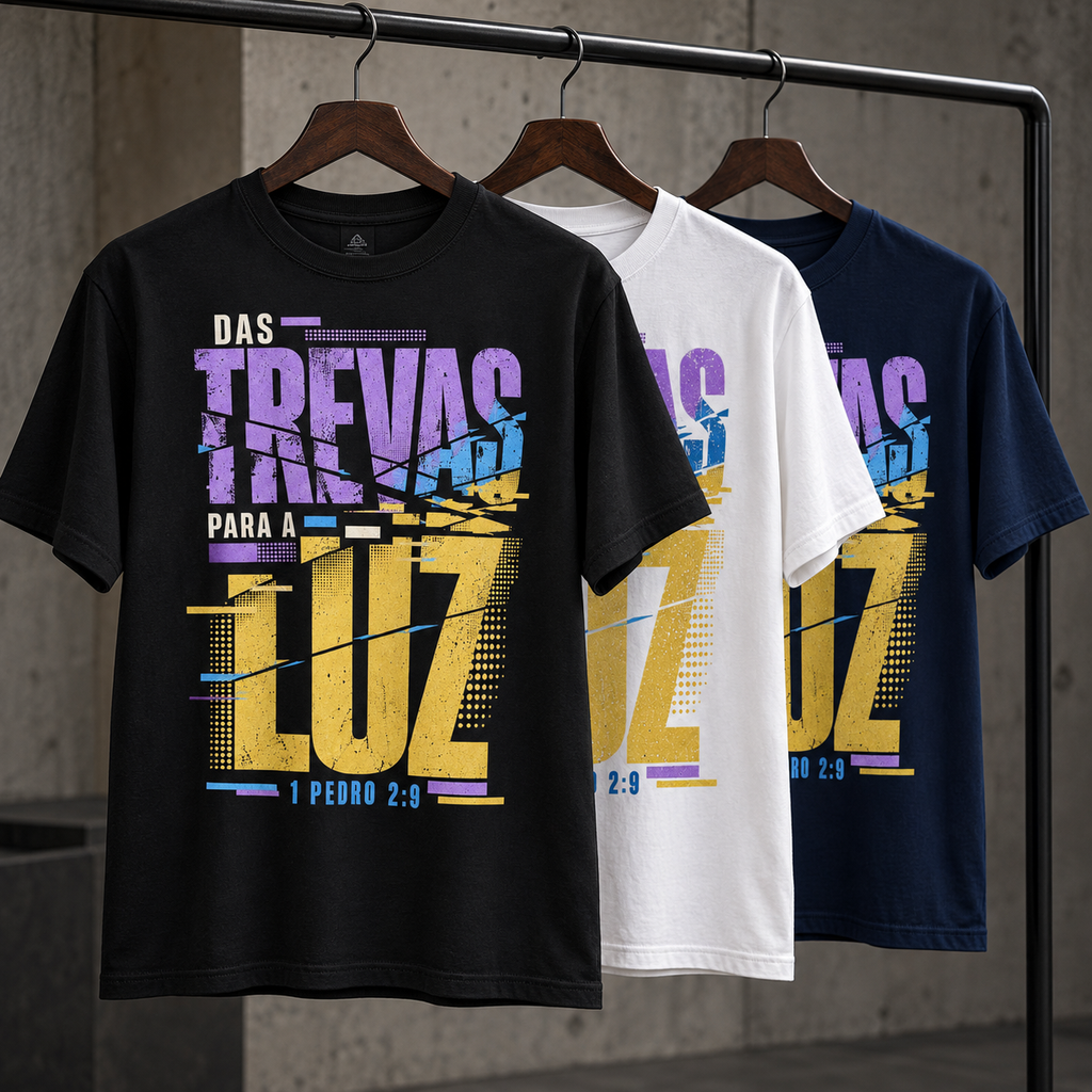 Camiseta Regular Das Trevas para a Luz — 1 Pedro 2:9 — Regular Essential unissex, visual 4 de 4