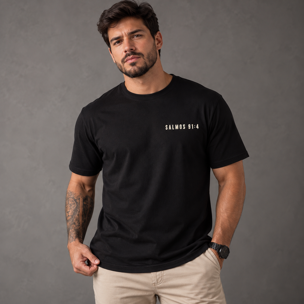 Camiseta Regular Sob Suas Asas — Salmos 91:4 — Regular Essential unissex, visual 2 de 5