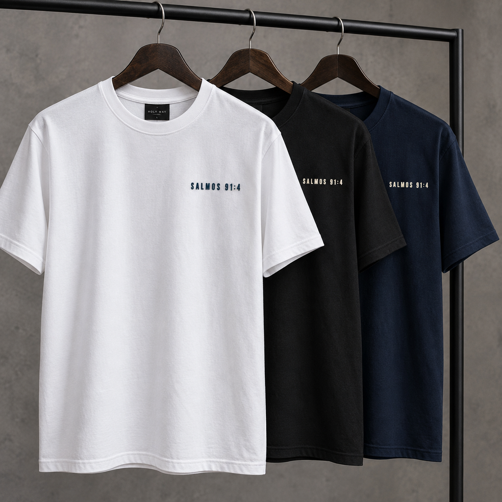 Camiseta Regular Sob Suas Asas — Salmos 91:4 — Regular Essential unissex, visual 4 de 5