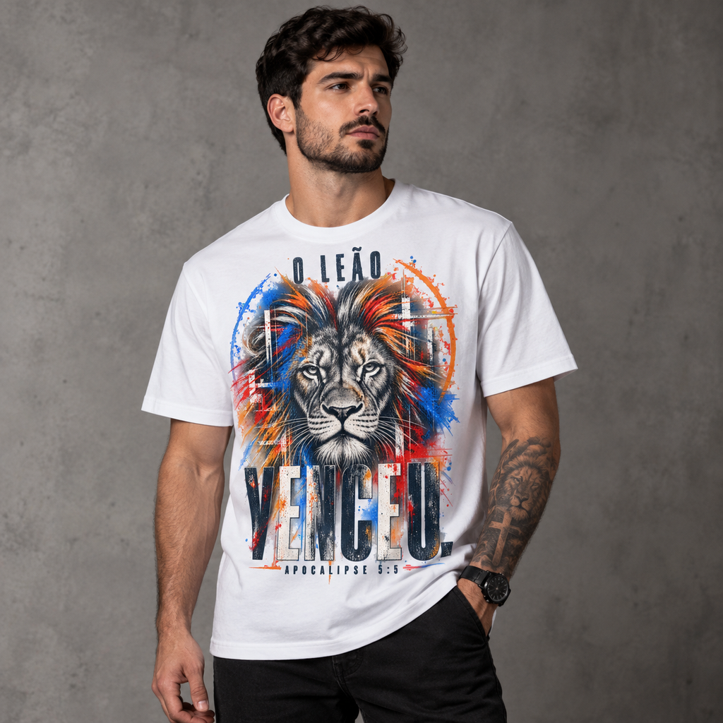 Camiseta Regular O Leão Venceu — Apocalipse 5:5 — Regular Essential unissex, visual 3 de 4