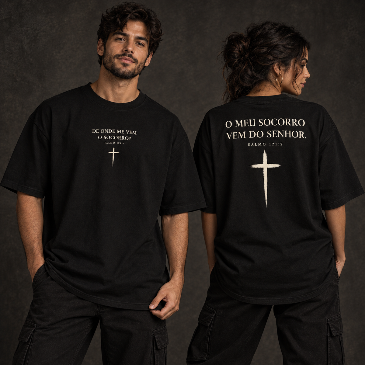 Camiseta Oversized O Meu Socorro — Salmo 121:1–2 — Oversized Cotton unissex, visual 1 de 3