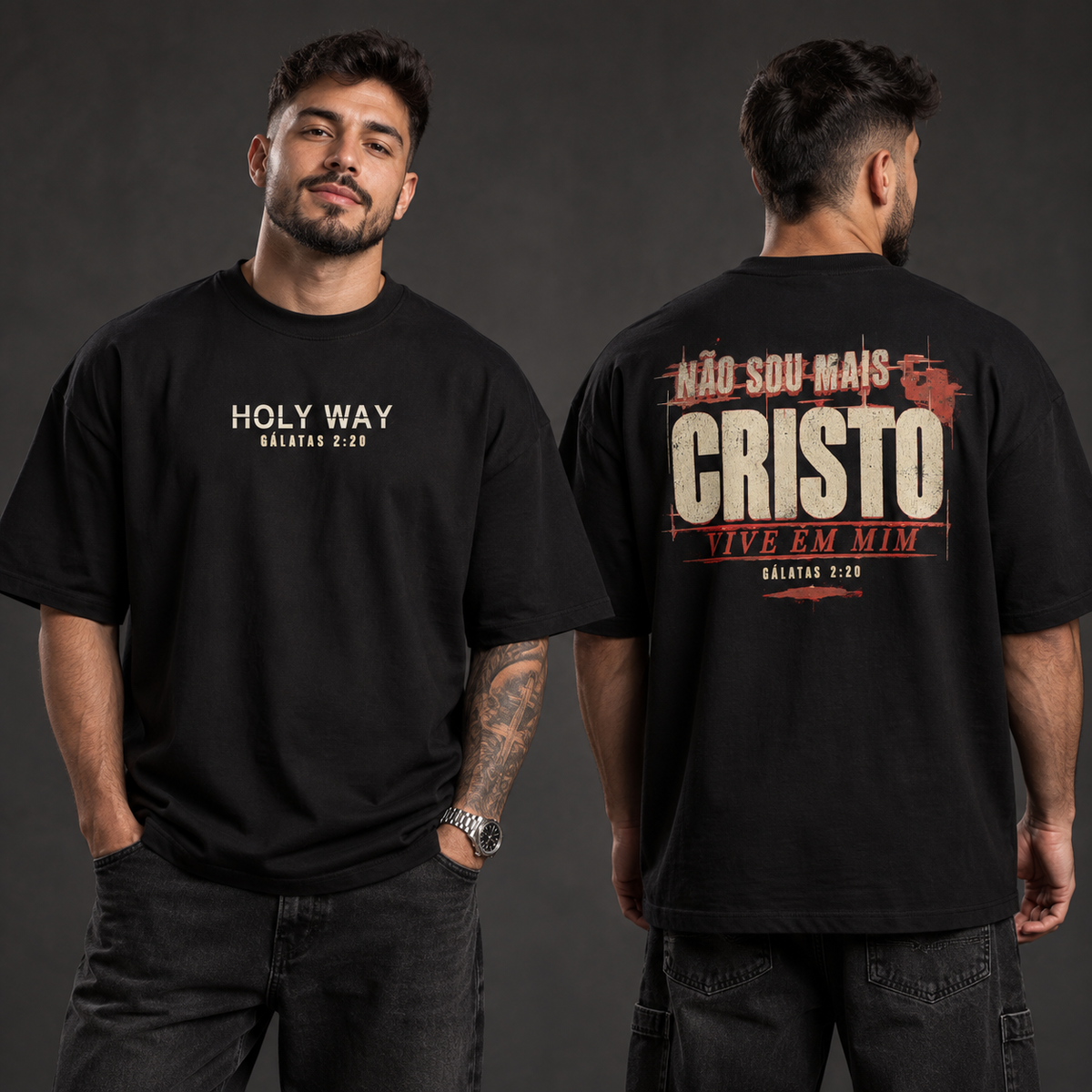 Camiseta Oversized Cristo Vive em Mim — Gálatas 2:20 — Oversized Cotton unissex, visual 2 de 3