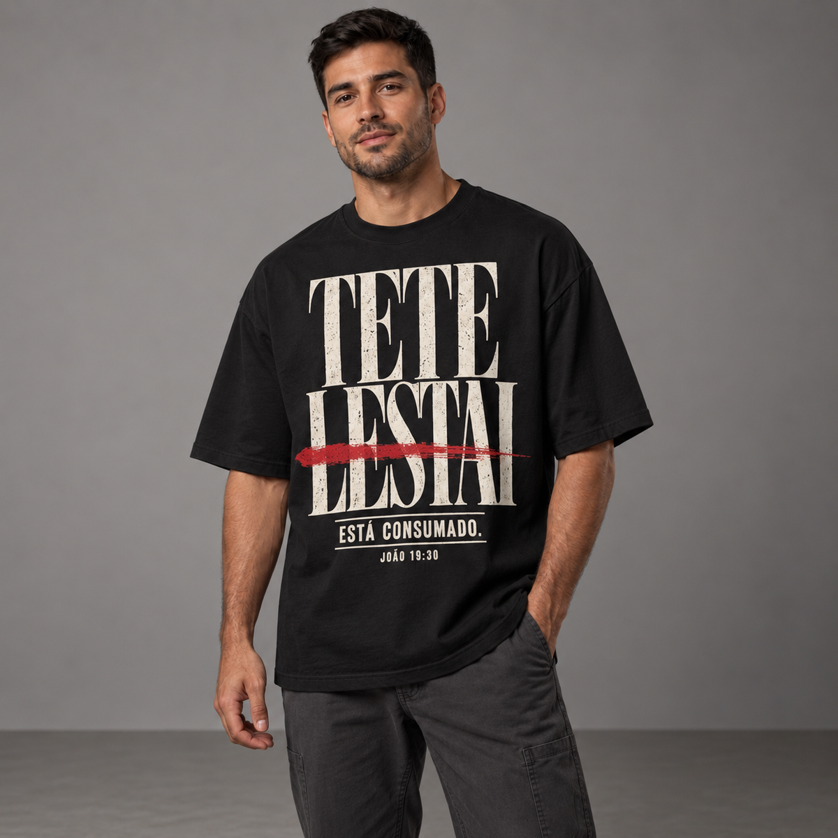 Camiseta Oversized Tetelestai — João 19:30 — Oversized Cotton unissex, visual 1 de 3