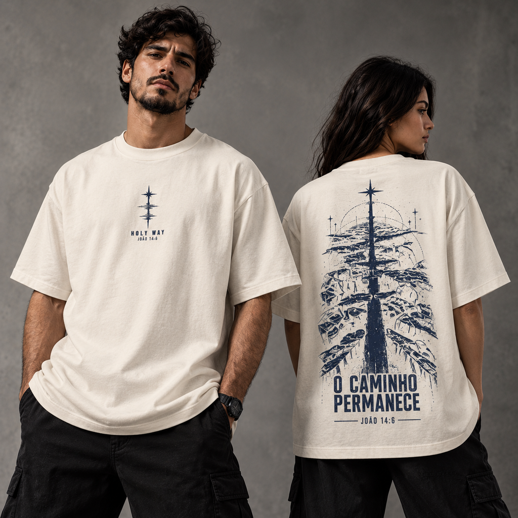 Camiseta Oversized O Caminho Permanece — Oversized Cotton unissex, visual 2 de 3