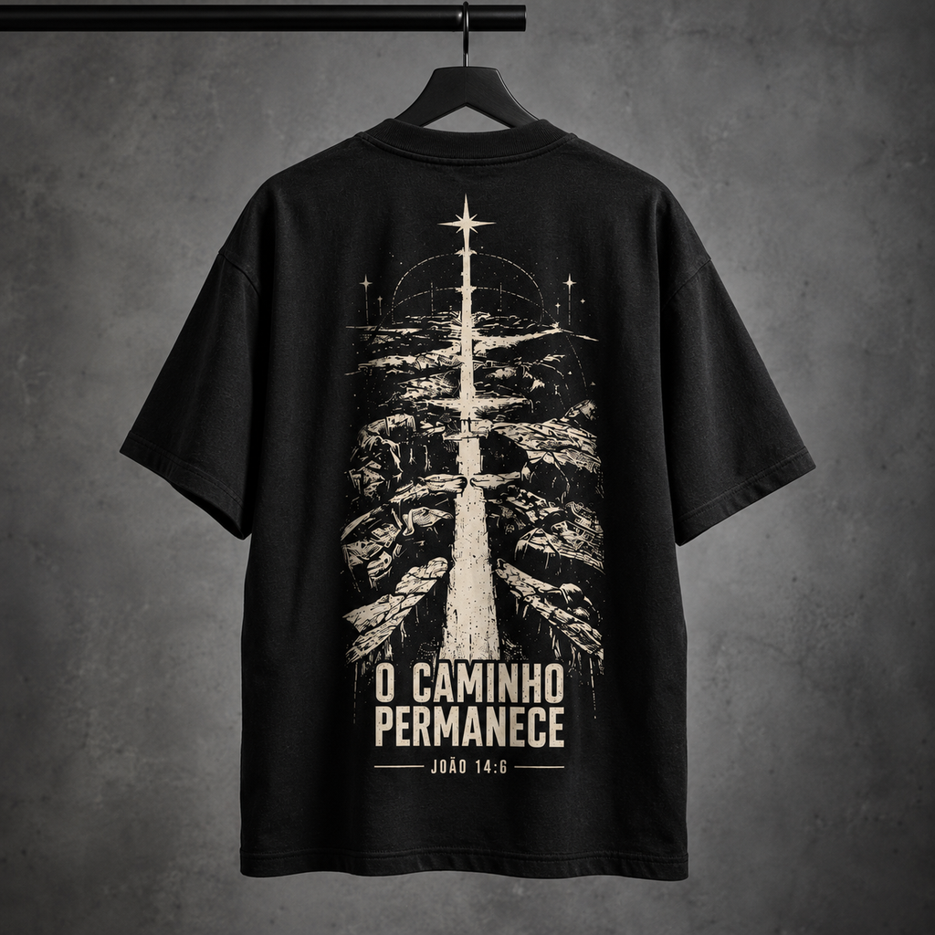 Camiseta Oversized O Caminho Permanece — Oversized Cotton unissex, visual 3 de 3