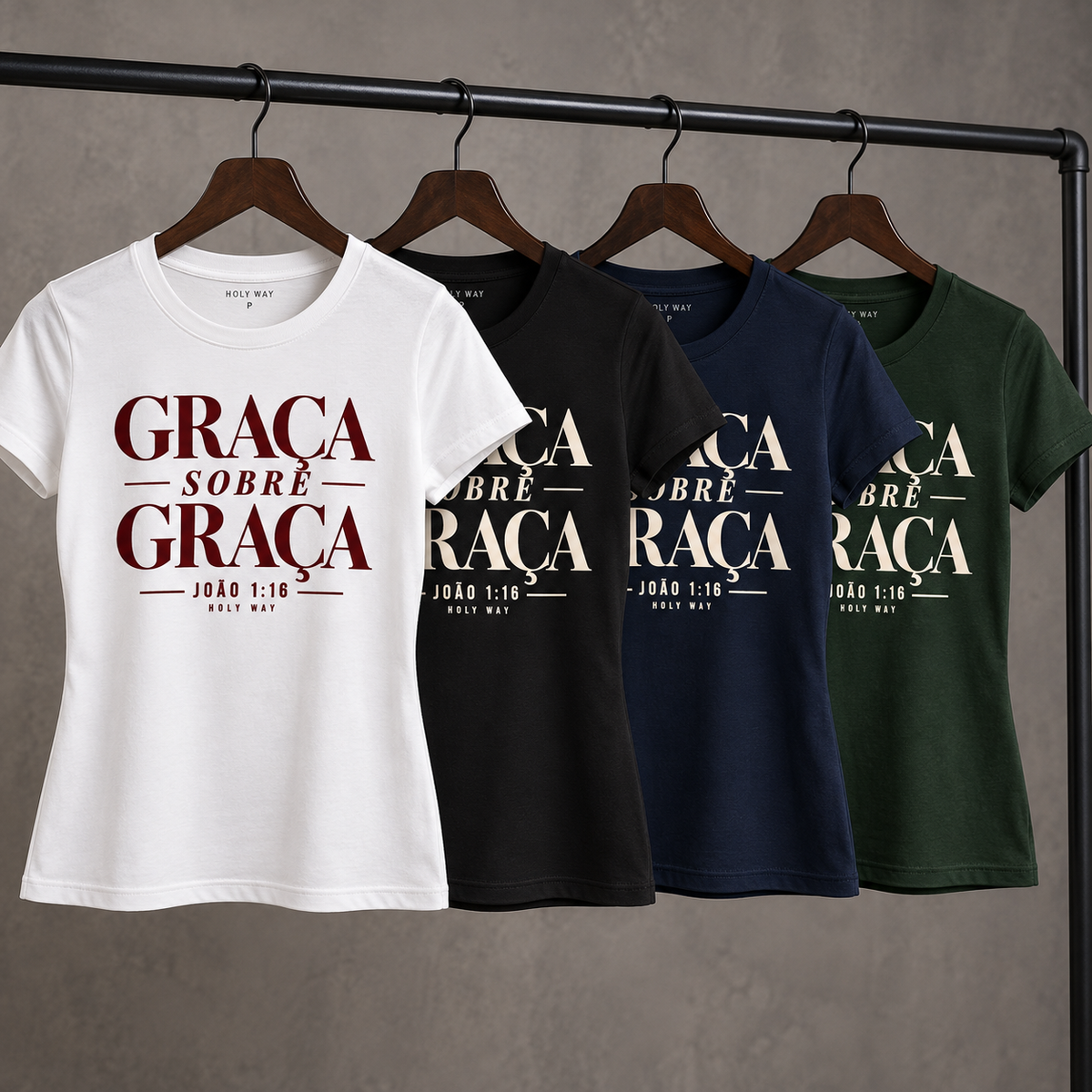 Baby Look Graça sobre Graça — João 1:16 — Baby Look Classic feminina, visual 3 de 3