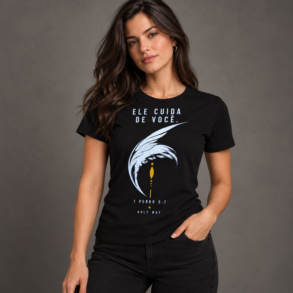Baby Look Ele Cuida de Você — 1 Pedro 5:7 — Baby Look Classic feminina, visual 2 de 3