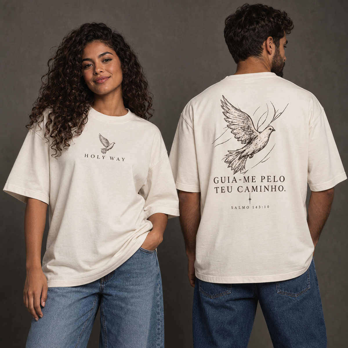 Camiseta Oversized Guia-me pelo Teu Caminho Off-White — frente e costas