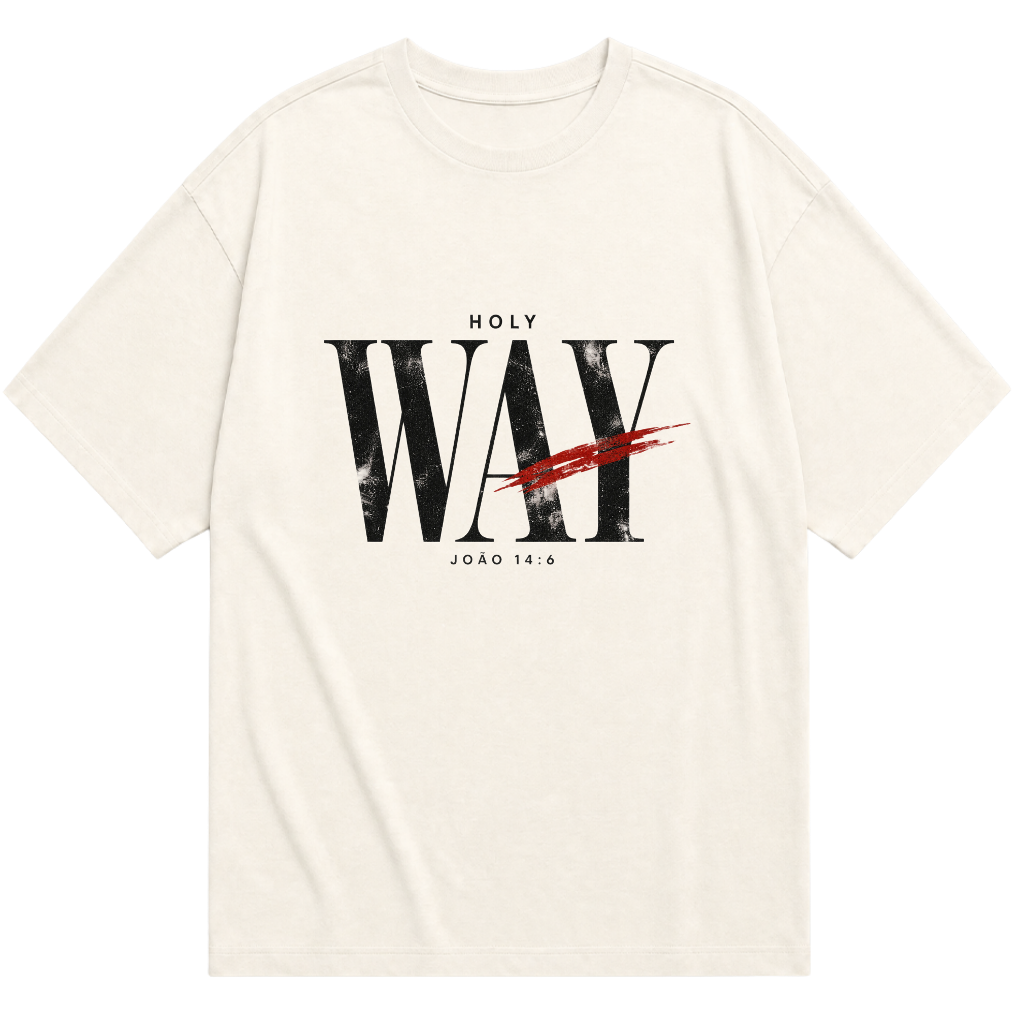 Camiseta oversized off-white HOLY WAY com estampa frontal e referência João 14:6