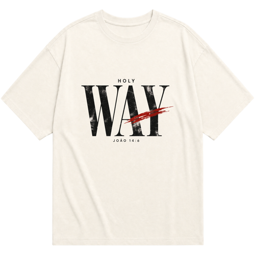Camiseta oversized off-white HOLY WAY com estampa frontal e referência João 14:6