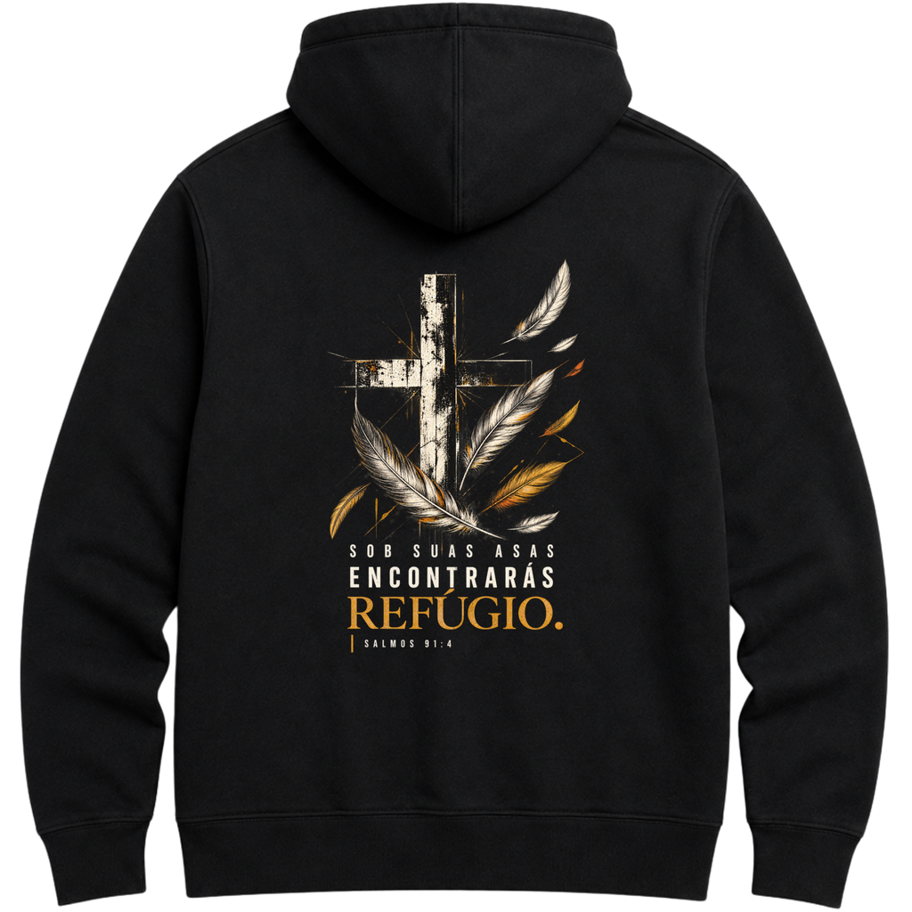 Moletom Hoodie Sob Suas Asas — Salmos 91:4 — Hoodie Essential unissex, estampa frente e/ou costas, visual 4 de 6